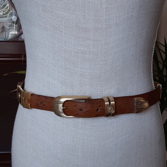 Ostrich Leather Segmented Heavy Brass Hinged Belt display picture 2